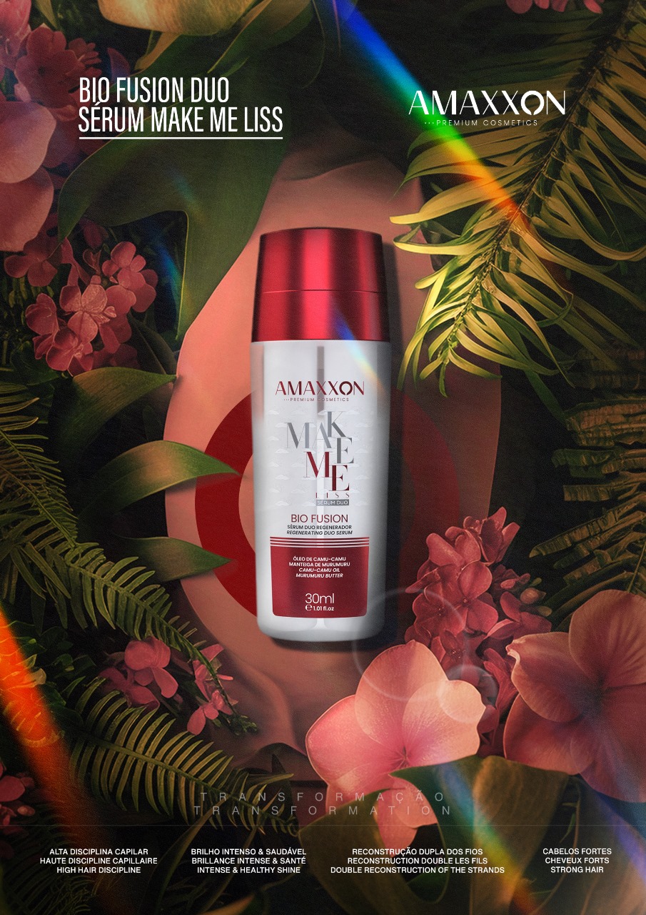 Affiche Bio Fusion Duo, sérum Make Me Liss d'Amaxxon sur fond de flore amazonienne