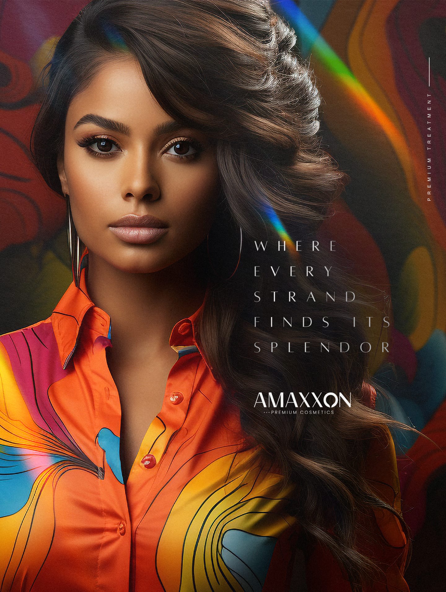 Chevelure bouclée travaillée au salon, traversée d'un reflet prismatique — campagne Amaxxon