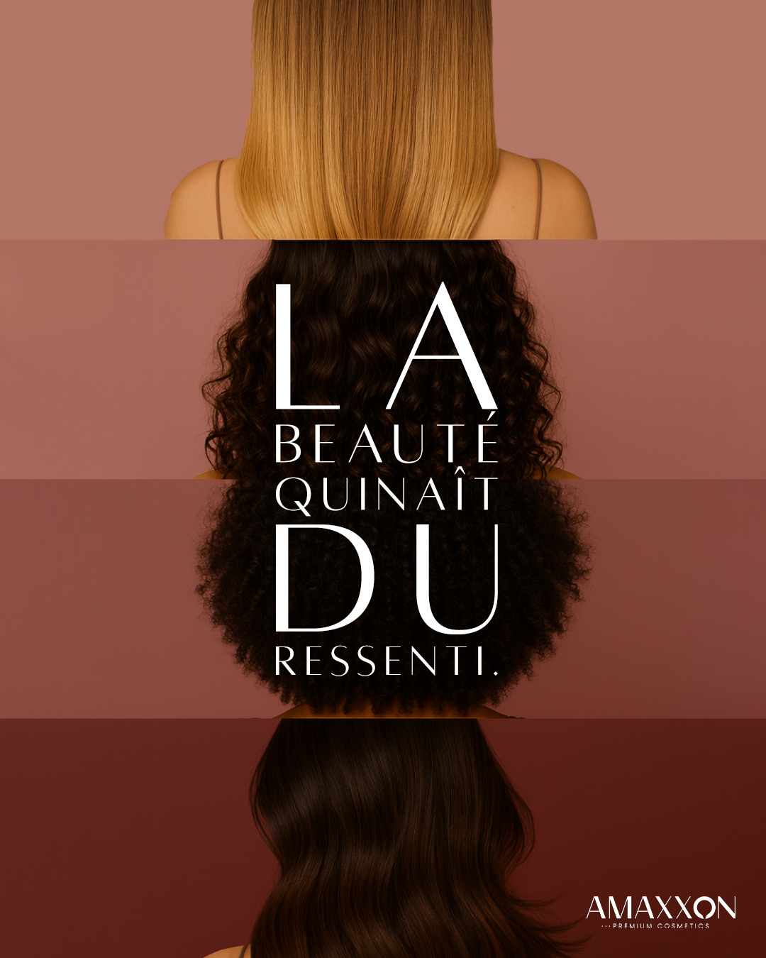 Trois textures de cheveux — lisse, bouclé, ondulé — campagne Amaxxon « La beauté qui naît du ressenti »