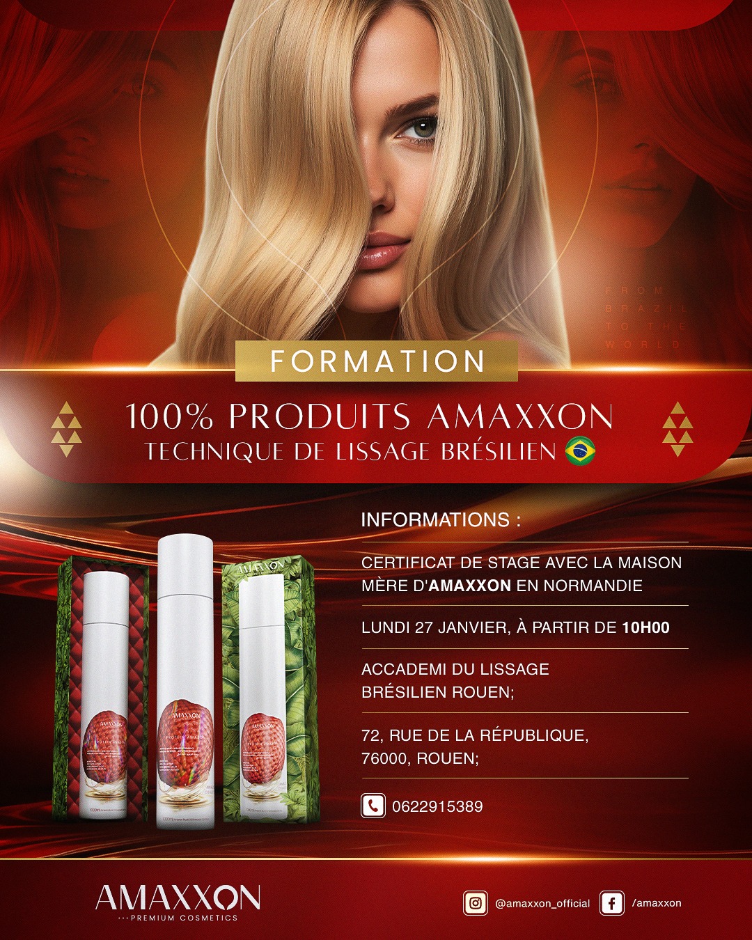 Affiche de formation Amaxxon : technique de lissage brésilien, certificat de stage avec la maison mère en Normandie, Académie du Lissage Brésilien Rouen