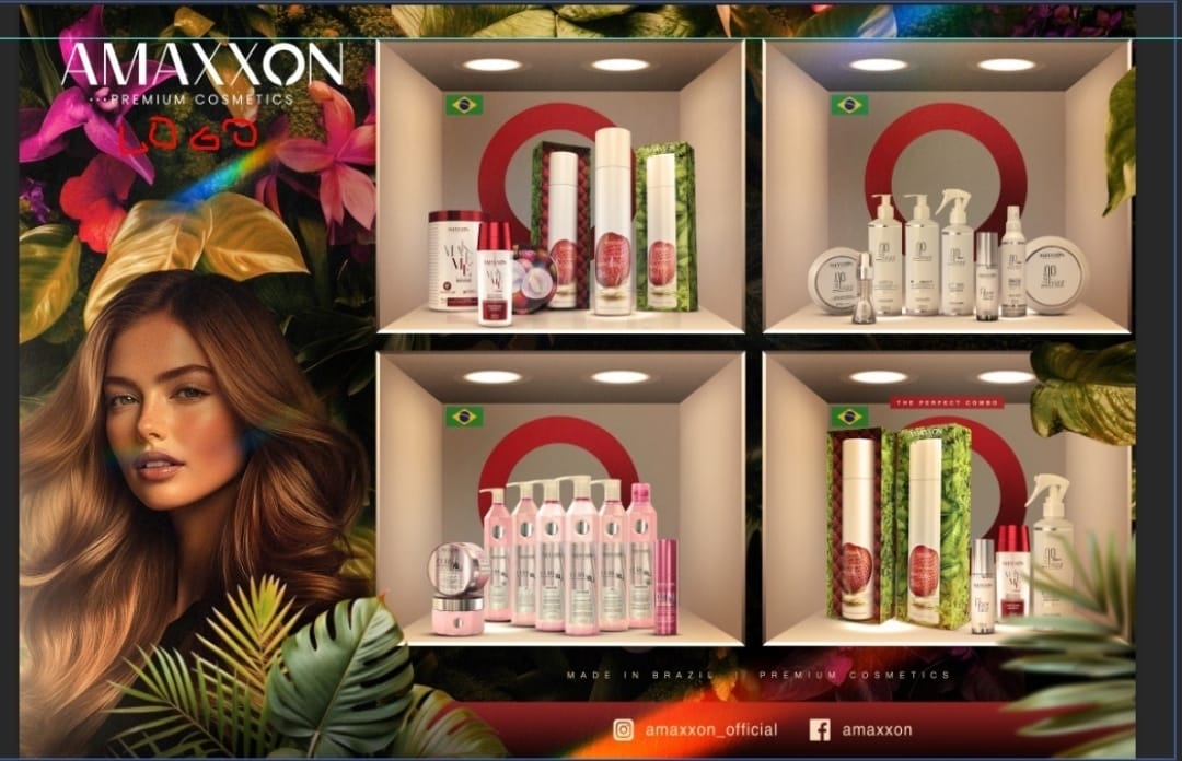 Présentoir Amaxxon des quatre gammes de produits capillaires exposées au salon